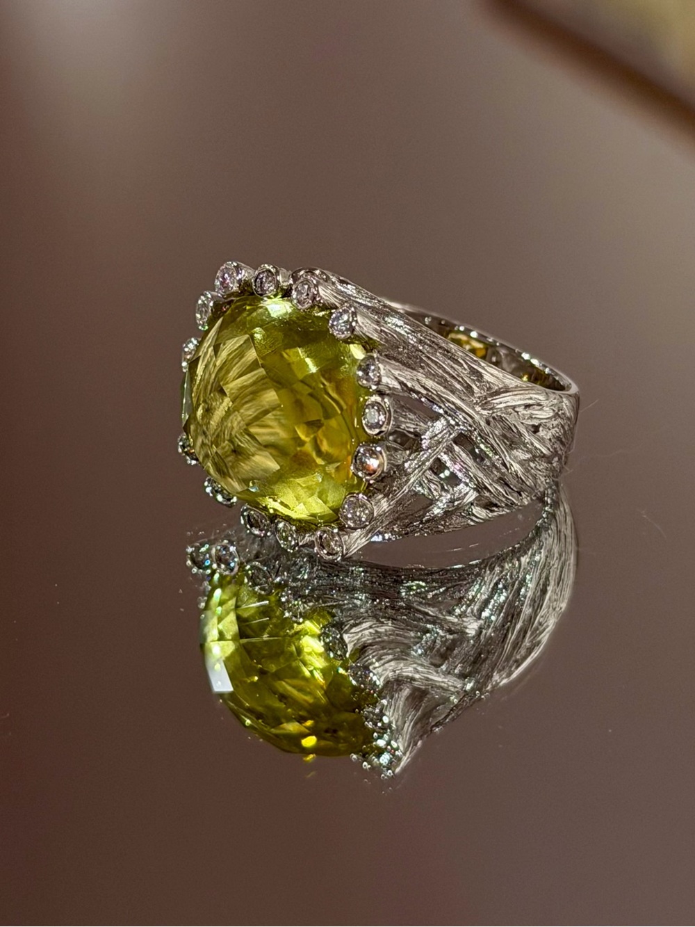 New Handmade Natural Lemon Quartz Halo Ring with 0.36ct Natural Diamonds, S925 S
